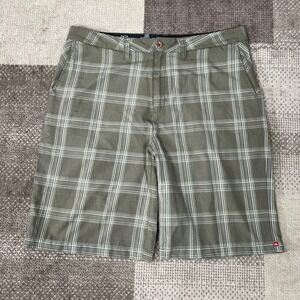 Y2K Quiksilver Mens Plaid Shorts Green Brown Size 38 Checkered Boardshort Style
